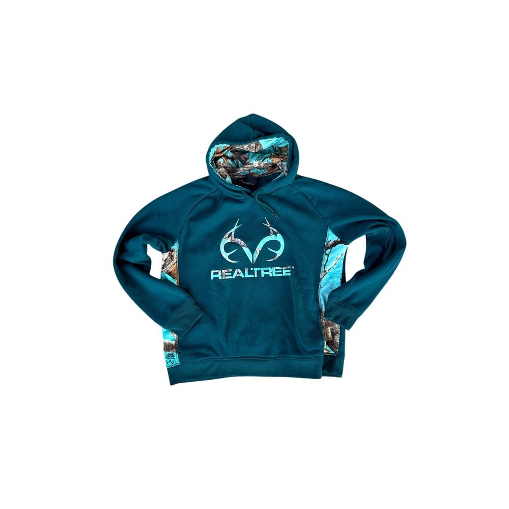 Realtree Men's Teal Camo Pullover Hoodie Hunting Outdoor Logo Sweatshirt